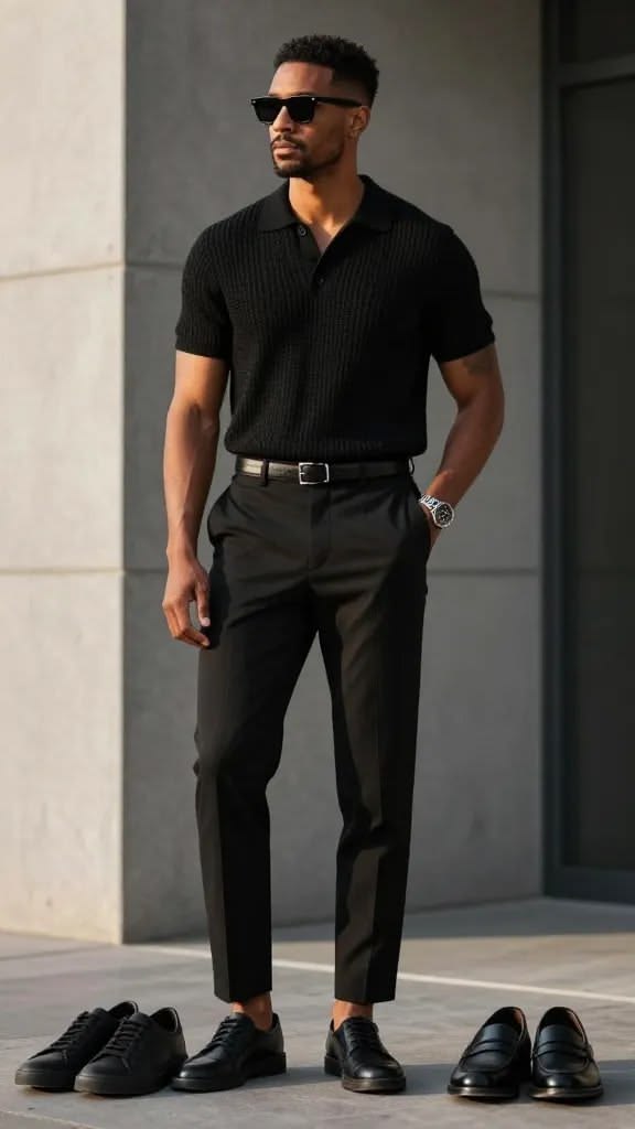 Black ribbed polo with black tailored trousers and black loafers