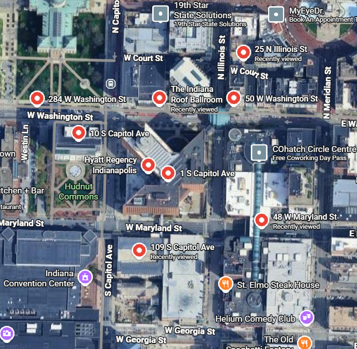 Map showing the seven recommended parking garages around the Hyatt Regency Indianapolis at 1 S Capitol Ave