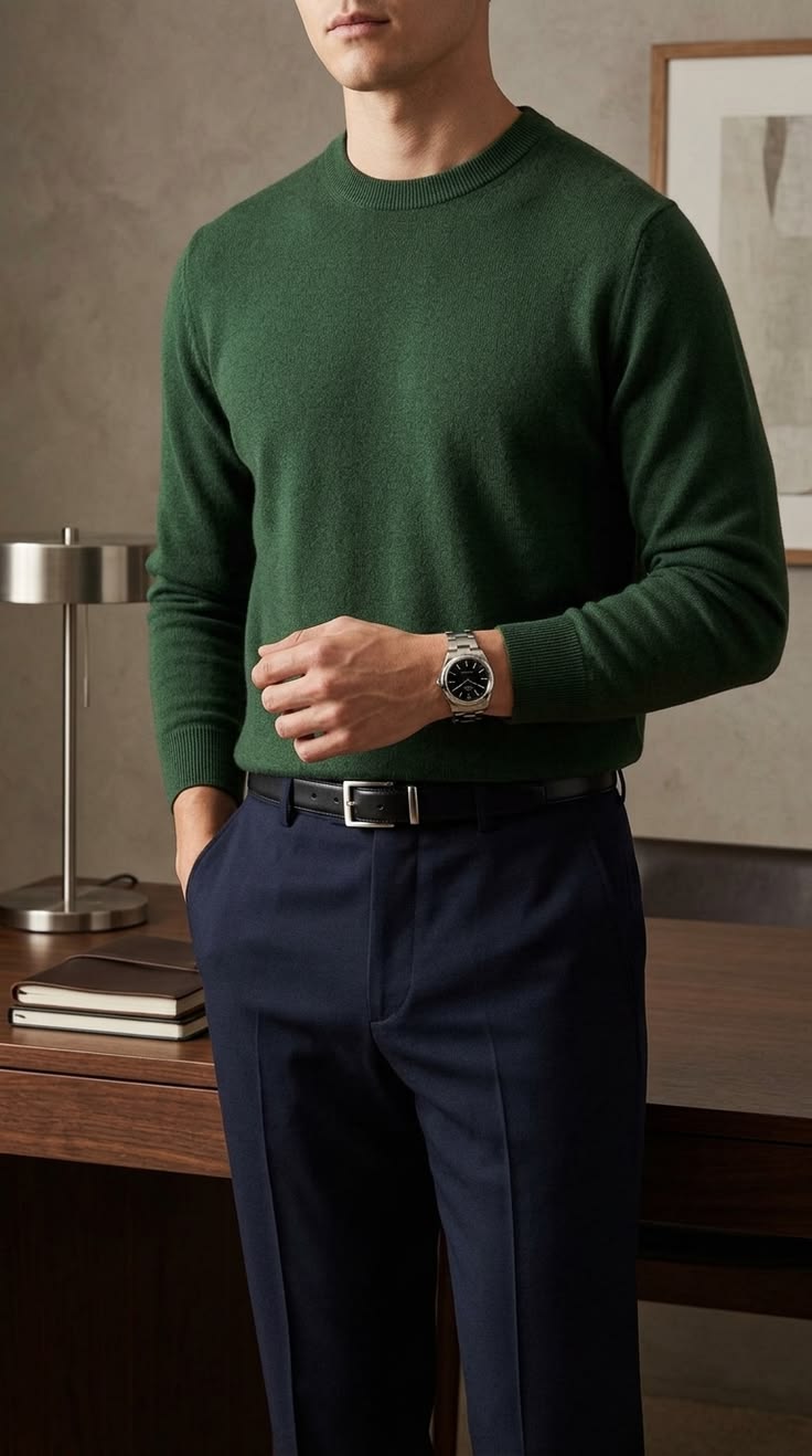 Forest green crewneck sweater with navy tailored trousers