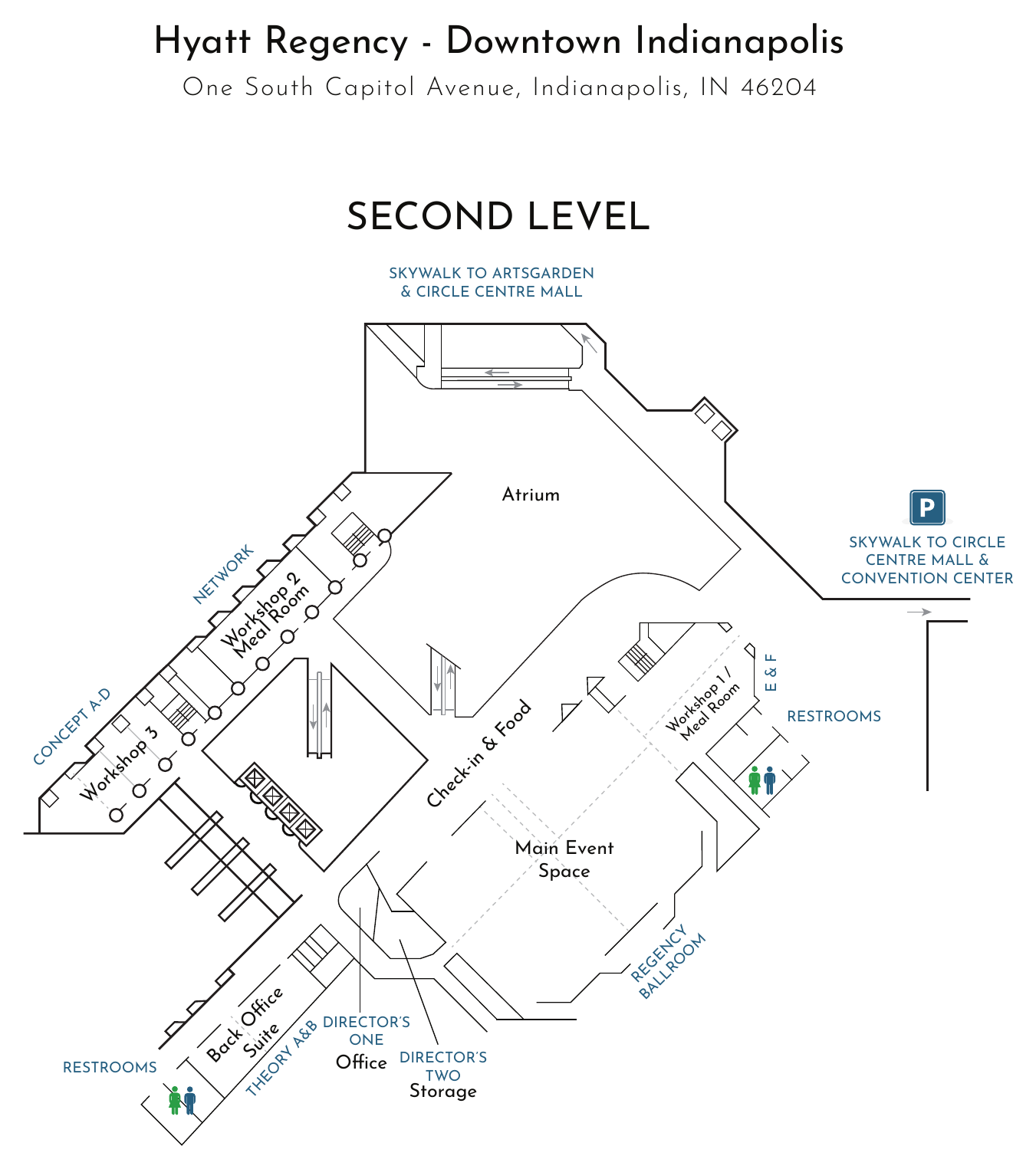 Floor map of the second level of the Hyatt Regency Downtown Indianapolis showing the atrium, main event space, Regency Ballroom, workshop and meal rooms, restrooms, elevators, and skywalk connections
